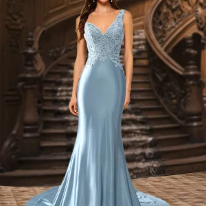 Trompete/Meerjungfrau V-Ausschnitt Satin Lange Elegante Ballkleider mit Applikationen