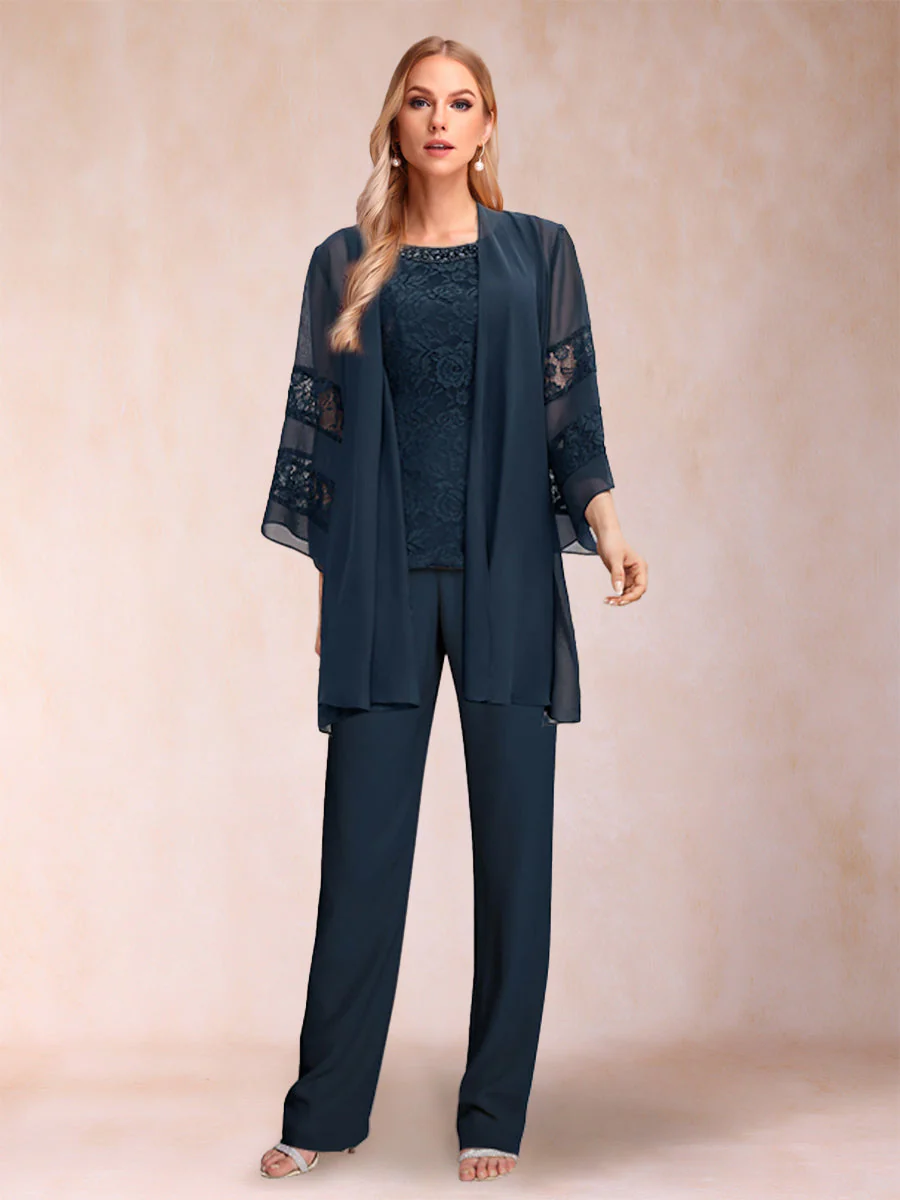 3-teiliger Hosenanzug aus Chiffon mit U-Ausschnitt und langen Ärmeln, Applikationen und Jacke