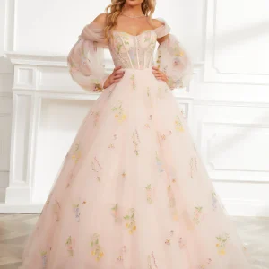 Lange Ballkleid-Abschlussballkleider aus Tüll mit Herzförmiger Stickerei Und Abnehmbarem Schal Und Ärmeln