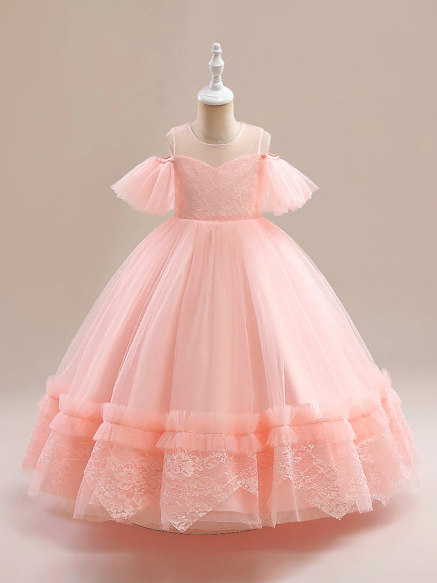 Ballkleid Kalte Schulter Kurze Ärmel Blumenmädchenkleider mit Applikationen – Bild 2