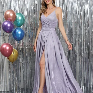 A-Linie Spaghettiträger V-Ausschnitt Ärmellos Lange Ballkleider aus Metallic-Lurex