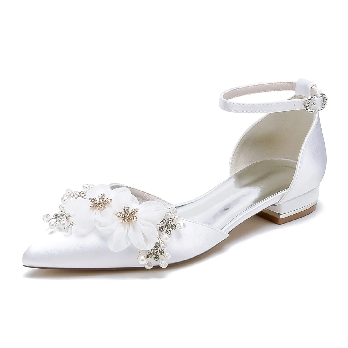 Damen Flacher Absatz Seidensatin Mit Knöchelriemen Blume Geschlossene Zehen Hochzeitsschuhe