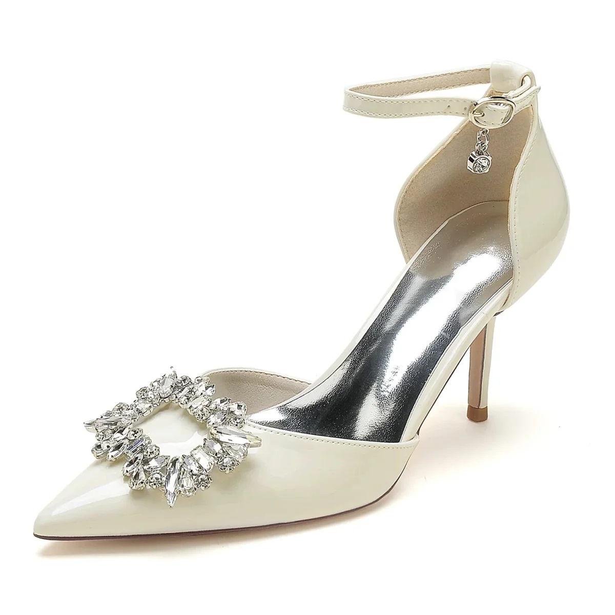 Damen Lackleder Spiegel Finish Knöchelriemen Strass Geschlossene Zehen Stiletto Absatz Abendschuhe – Bild 7